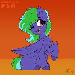 Size: 1500x1500 | Tagged: safe, artist:airfly-pony, oc, oc:weldbead, pegasus, 2023, female, one eye closed, patreon, patreon reward, sitting, smiling, tongue out, wink