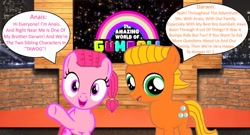 Size: 2363x1272 | Tagged: safe, artist:memeartboi, earth pony, pony, g4, anais watterson, behind the scenes, colored text, colt, cute, darwin watterson, discussion, duo, duo male and female, female, filly, foal, fourth wall, happy, indoors, logo, looking at you, male, open mouth, ponified, q&a, speech bubble, standing, talk show, talking, talking to viewer, talking to you, text, the amazing world of gumball, waving, waving at you