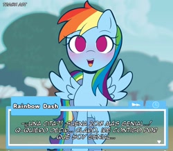 Size: 2048x1791 | Tagged: safe, artist:eltrash_art6, rainbow dash, pegasus, pony, g4, background, blue coat, blushing, date, dialogue box, holiday, looking at you, magenta eyes, multicolored hair, rainbow hair, spanish, spanish text, valentine's day, visual novel