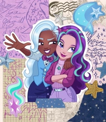 Size: 1769x2048 | Tagged: safe, artist:egitojuniior, starlight glimmer, trixie, human, g4, background, clothes, cutie mark, eyeroll, female, hand on shoulder, hat, humanized, implied lesbian, implied shipping, implied startrix, lesbian, looking up, ship:startrix, shipping, trixie's hat, x x everywhere