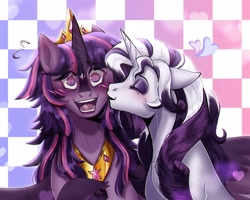 Size: 2500x2000 | Tagged: safe, artist:slapearl, rarity, twilight sparkle, alicorn, pony, unicorn, g4, alternate hairstyle, blushing, cheek kiss, crown, cute, duo, duo female, eyeshadow, female, heart, horn, jewelry, kissing, lesbian, lipstick, makeup, mare, markings, raribetes, redesign, redraw, regalia, ship:rarilight, shipping, swirly eyes, twiabetes, twilight sparkle (alicorn), unshorn fetlocks