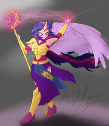 Size: 1024x1183 | Tagged: safe, artist:mdelg, twilight sparkle, human, protoss, g4, armor, blushing, crossover, cutie mark, cutie mark on human, horn, horned humanization, humanized, long hair, looking back, magic, protoss templar, scepter, simple background, starcraft, winged, winged human, winged humanization, wings