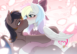 Size: 3508x2480 | Tagged: safe, artist:fenwaru, oc, oc:black night, oc:blazey sketch, bat pony, pegasus, bow, clothes, couple, duo, hair bow, kissing, pegasus oc, simple background, sweater