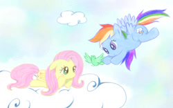 Size: 1600x1000 | Tagged: safe, artist:usako, fluttershy, rainbow dash, bird, pegasus, pony, g4, 2012, blue sky, closed mouth, cloud, cute, dashabetes, day, duo, duo female, female, flying, folded wings, green eyes, looking at each other, looking at someone, lying down, lying on a cloud, mare, old art, on a cloud, prone, shyabetes, sky, smiling, smiling at each other, wings