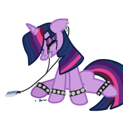 Size: 459x459 | Tagged: safe, artist:neowemu, twilight sparkle, pony, unicorn, g4, alternate hairstyle, crying, ear piercing, emo, eyeshadow, female, horn, leaning, makeup, mare, piercing, sad, simple background, sitting, solo, sony, studded bracelet, tears of pain, transparent background, walkman