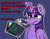 Size: 2162x1704 | Tagged: safe, artist:askhypnoswirl, twilight sparkle, alicorn, pony, g4, :s, book, commission, dialogue, frown, gun, handgun, magic, revolver, solo, threatening, twilight sparkle (alicorn), twilight sparkle is not amused, unamused, wavy mouth, weapon