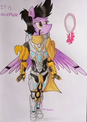 Size: 1658x2319 | Tagged: safe, artist:thecrimsonspark, oc, oc only, oc:aiexos, pegasus, anthro, armor, bodysuit, cape, clothes, feather, halo, magic, mirror, scarf, solo, tattoo, telekinesis, traditional art, wings