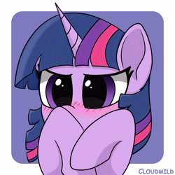 Size: 5000x5000 | Tagged: safe, artist:cloudmild, twilight sparkle, pony, unicorn, g4, abstract background, blushing, covering, cute, female, hooves, horn, mare, raised hoof, shy, solo, twiabetes