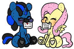 Size: 2250x1500 | Tagged: safe, artist:anykoe, fluttershy, oc, oc:meem, pegasus, unicorn, g4, blushing, canon x oc, cute, duo, eyes closed, glasses, horn, plushie, shipping, sign, simple background, sitting, spread wings, text, transparent background, unicorn oc, wings