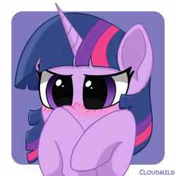 Size: 5000x5000 | Tagged: safe, alternate version, artist:cloudmild, twilight sparkle, pony, unicorn, g4, abstract background, blushing, covering, cute, female, hooves, horn, mare, raised hoof, shy, solo, twiabetes