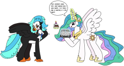 Size: 3032x1628 | Tagged: safe, artist:supahdonarudo, princess celestia, oc, oc:icebeak, alicorn, classical hippogriff, hippogriff, g4, birthday cake, blushing, cake, cake slice, candle, dialogue, food, holding, jewelry, magic, necklace, plate, simple background, speech bubble, telekinesis, text, transparent background