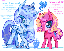 Size: 1350x1080 | Tagged: safe, artist:deviledlobster, princess flurry heart, princess skyla, alicorn, unicorn, g4, alternate universe, duo, female, horn, redesign, royalty, siblings, sisters