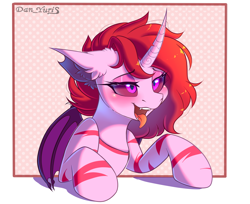 Size: 2930x2388 | Tagged: safe, artist:yuris, oc, oc:nikky razin, changeling, pony, ahegao, blushing, commission, floppy ears, half body, lineart, open mouth, simple background, smiling, solo, tongue out