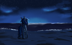 Size: 1047x655 | Tagged: safe, artist:sleepyhoers, dj pon-3, vinyl scratch, pony, unicorn, g4, beach, cloud, facing away, female, horn, mare, night, ocean, solo, stars, water