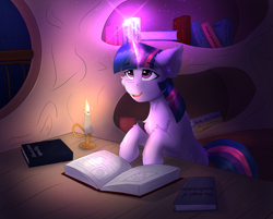 Size: 2685x2164 | Tagged: safe, artist:flapstune, twilight sparkle, pony, unicorn, g4, book, candle, chest fluff, ear fluff, female, filly, filly twilight sparkle, fluffy, foal, glowing, glowing horn, horn, magic, mare, open book, signature, sitting, smiling, table, window, younger