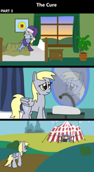 Size: 1920x3516 | Tagged: safe, artist:platinumdrop, derpy hooves, dolphin, pegasus, pony, comic:the cure, g4, leap of faith, my little pony: friendship is magic, 3 panel comic, bathroom, bedroom, clothes, comic, commission, curtains, derp, eyes closed, female, flower, folded wings, frown, furniture, hat, mare, mirror, nightcap, nightstand, outdoors, pajamas, picture frame, plant, plushie, potted plant, sink, sunflower, tent, toy, walking, wings