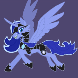 Size: 2048x2048 | Tagged: safe, artist:silverfishv9, princess luna, oc, oc:azure star (silverfishv9), oc:crescent star (silverfishv9), alicorn, siren, g4, alicorn oc, armor, blue eyes, blue mane, element of laughter, eyeshadow, fangs, female, fusion, fusion:oc:azure star (silverfishv9), fusion:princess luna, hoof shoes, horn, makeup, mare, princess shoes, simple background, siren oc, slender, solo, thin, toothy grin, wings