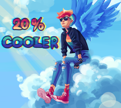 Size: 2048x1837 | Tagged: safe, artist:irisikiki, rainbow dash, human, g4, 20% cooler, cloud, female, humanized, looking up, on a cloud, sitting, sitting on a cloud, solo, spread wings, sunglasses, winged humanization, wings