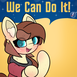 Size: 2160x2160 | Tagged: safe, artist:sodapop sprays, oc, oc only, oc:horsely, oc:naomi horsely, earth pony, pony, blushing, clothes, ear piercing, earring, freckles, jewelry, looking at you, piercing, rosie the riveter, solo, star trek, star trek (tos), uniform