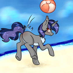 Size: 2000x2000 | Tagged: safe, artist:nikkolover12, oc, oc only, oc:dreaming star, bat pony, bat pony unicorn, hybrid, unicorn, beach, beach ball, butt, chest fluff, commission, fangs, hooves, horn, male, ocean, outdoors, plot, sky, solo, stallion, underhoof, water, ych result