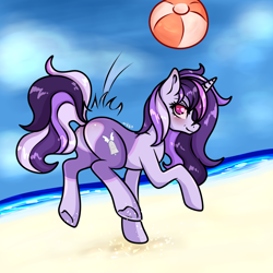 Size: 2000x2000 | Tagged: safe, artist:nikkolover12, oc, oc only, oc:dreaming bell, unicorn, beach, beach ball, butt, commission, female, heart butt, hooves, horn, mare, ocean, outdoors, plot, sky, solo, underhoof, water, ych result