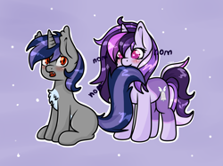 Size: 1742x1304 | Tagged: safe, artist:nikkolover12, oc, oc only, oc:dreaming bell, oc:dreaming star, bat pony, bat pony unicorn, hybrid, unicorn, biting, brother and sister, chest fluff, commission, cute, duo, fangs, female, horn, male, mare, siblings, stallion, tail, tail bite, ych result