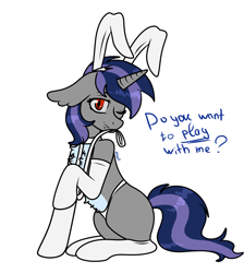 Size: 1762x1964 | Tagged: safe, alternate version, artist:nikkolover12, oc, oc only, oc:dreaming star, bat pony, bat pony unicorn, hybrid, unicorn, bunny ears, bunny suit, chest fluff, clothes, collar, commission, fake eyelashes, fangs, femboy, horn, leash, male, panties, socks, solo, stallion, stockings, thigh highs, underwear, ych result