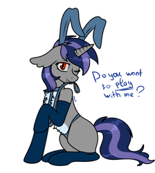 Size: 1762x1964 | Tagged: safe, alternate version, artist:nikkolover12, oc, oc only, oc:dreaming star, bat pony, bat pony unicorn, hybrid, unicorn, bunny ears, bunny suit, chest fluff, clothes, collar, commission, fake eyelashes, fangs, femboy, horn, leash, male, panties, socks, solo, stallion, stockings, thigh highs, underwear, ych result