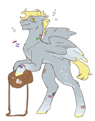 Size: 933x1189 | Tagged: safe, artist:transmasctwilight, derpy hooves, pony, g4, bag, band-aid, dopey hooves, mailbag, rule 63, simple background, solo, white background