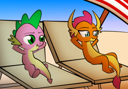 Size: 1000x700 | Tagged: safe, artist:lunascastle, smolder, spike, g4, beach, beach chair, chair, female, lying down, male, on back, ship:spolder, shipping, straight