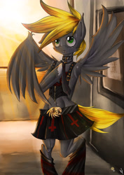 Size: 3508x4961 | Tagged: safe, artist:noideasfornicknames, oc, oc:coyote, pegasus, bipedal, clothes, collar, crossdressing, green eyes, male, male oc, pegasus oc, skirt, solo