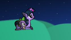 Size: 1280x720 | Tagged: safe, artist:lunascastle, spike, twilight sparkle, dragon, pony, unicorn, g4, female, hill, male, night, stargazing, stars, unicorn twilight