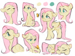 Size: 1200x900 | Tagged: safe, artist:lucedary, fluttershy, butterfly, pegasus, pony, g4, cute, eyes closed, eyes open, looking sideways, pink mane, shyabetes, simple background, sketch, sketch dump, smiling, solo, white background, yellow coat