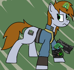 Size: 497x469 | Tagged: safe, artist:craftedburb, oc, oc only, oc:littlepip, pony, unicorn, fallout equestria, 10mm pistol, clothes, female, gun, handgun, horn, jumpsuit, pipbuck, solo, vault suit