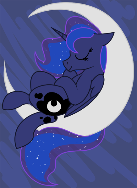 Size: 578x796 | Tagged: safe, artist:craftedburb, princess luna, alicorn, pony, g4, crescent moon, cute, dreamworks, ethereal mane, eyes closed, featured image, female, floppy ears, lunabetes, mare, moon, sleeping, sleeping on moon, smiling, solo, starry mane, starry tail, tail, tangible heavenly object