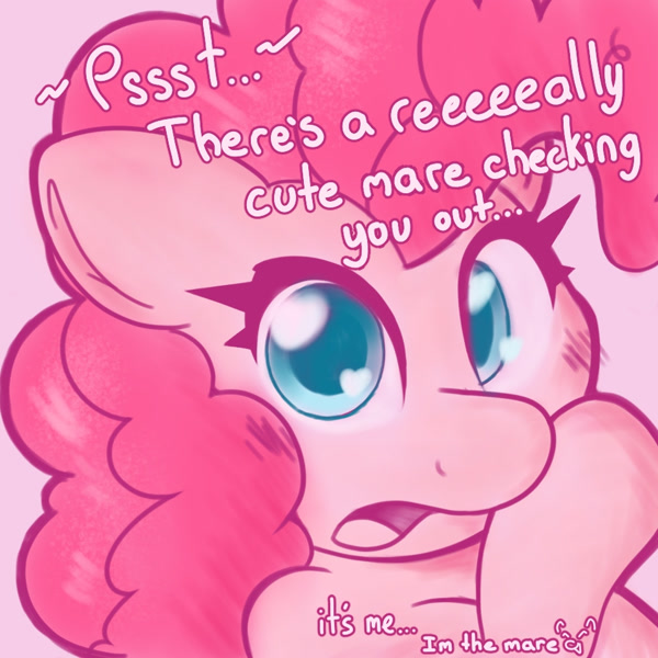 Size: 960x960 | Tagged: safe, artist:dynamosaysrelax, pinkie pie, earth pony, pony, g4, blue eyes, blushing, breaking the fourth wall, bronybait, dialogue, featured image, female, flirting, heart, heart eyes, human shoulders, looking at you, mare, no neck, open mouth, pink coat, pink mane, pinkie being pinkie, simple background, solo, subtle as a train wreck, talking, talking to viewer, wingding eyes