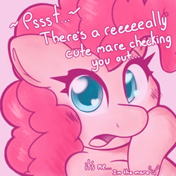 Size: 960x960 | Tagged: safe, artist:dynamo, pinkie pie, earth pony, pony, g4, blue eyes, blushing, bronybait, dialogue, female, flirting, heart, heart eyes, looking at you, mare, open mouth, pink coat, pink mane, simple background, solo, subtle as a train wreck, talking, talking to viewer, text, wingding eyes