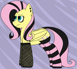 Size: 1213x1076 | Tagged: safe, artist:craftedburb, fluttershy, pegasus, pony, g4, clothes, female, fishnet clothing, fishnet stockings, socks, solo, stockings, striped socks, thigh highs