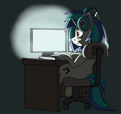 Size: 1025x962 | Tagged: safe, artist:craftedburb, dj pon-3, vinyl scratch, pony, unicorn, g4, chair, computer, desk, dj table, headphones, horn, indoors, solo, tired