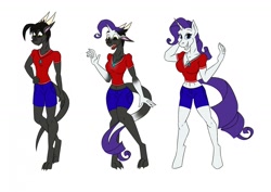 Size: 1280x907 | Tagged: safe, artist:vladiverse, rarity, dragon, unicorn, anthro, unguligrade anthro, g4, clothes, furry, furry to anthro, grin, horn, jewelry, male to female, necklace, rule 63, shorts, simple background, smiling, transformation, transformation sequence, white background