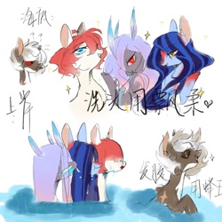 Size: 1080x1080 | Tagged: safe, artist:ckkymaocheng, oc, oc only, pony, blue coat, blue mane, brown coat, chinese, cream coat, gray coat, group, partially submerged, purple mane, red eyes, red mane, text, water, white mane