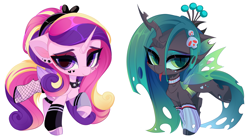 Size: 5901x3272 | Tagged: safe, artist:xsatanielx, princess cadance, queen chrysalis, alicorn, changeling, changeling queen, pony, g4, absurd resolution, chibi, duo, duo female, female, mare, punk, raised leg, simple background, tongue out, white background