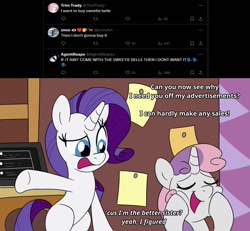 Size: 1300x1200 | Tagged: safe, artist:unitxxvii, rarity, sweetie belle, pony, unicorn, g4, belle sisters, carousel boutique, computer, dialogue, duo, duo female, eyes closed, female, filly, foal, horn, indoors, laptop computer, mare, meta, missing cutie mark, open mouth, siblings, sisters, text, twitter