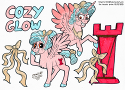 Size: 4516x3246 | Tagged: safe, cozy glow, alicorn, pegasus, pony, g4, my little pony: friendship is magic, school raze, the ending of the end, alicornified, character name, colored hooves, cozycorn, crazy face, cutie mark, evil smile, faic, fake smile, hooves, looking at you, race swap, reference sheet, ribbon bow tie, rook, simple background, smiling, solo, spread wings, white background, wings