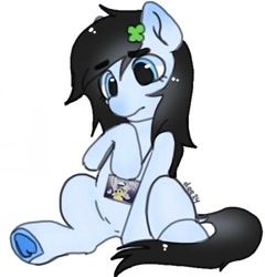 Size: 526x548 | Tagged: safe, artist:cloveryrhythm, oc, oc only, oc:lucky strike, pegasus, pony, badge, belly, clover, confused, convention, dock, female, filly, filly oc, florida foalcon, foal, frog (hoof), frown, hairpin, implied foalcon, pegasus oc, pony oc, raised hoof, simple background, sitting, solo, tail, underhoof, white background