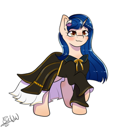 Size: 2000x2000 | Tagged: safe, artist:eniartuwu, oc, pony, unicorn, black shirt, blue hair, clothes, commission, commission open, cute, flower, flower in hair, horn, ponified, shirt, uwu, woman, yellow eyes