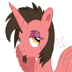 Size: 2000x2000 | Tagged: safe, artist:ace play, oc, oc only, oc:ace play, alicorn, pony, g4, alicorn wings, alicornified, bedroom eyes, cheek fluff, chest fluff, eyelashes, eyeshadow, facial hair, femboy, goatee, high res, lip bite, looking at you, makeup, male, race swap, simple background, solo, spread wings, transparent background, wings