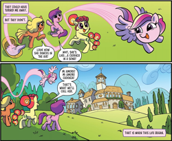 Size: 970x794 | Tagged: safe, idw, alloro legarra, princess cadance, earth pony, pegasus, pony, g4, my little pony: rise of cadance, baby, baby pony, building, flying, happy, pegasus cadance, unnamed character, unnamed pony, village, wings