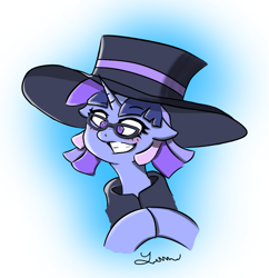 Size: 1153x1190 | Tagged: safe, artist:yume3413, oc, oc only, oc:flawless sparklemoon, pony, unicorn, bust, cloak, clothes, colored, female, fusion, fusion:trixie, fusion:twilight sparkle, fusion:twixie, glasses, grin, happy, hat, horn, portrait, shading, signature, simple background, smiling, unicorn oc