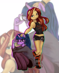 Size: 3000x3700 | Tagged: safe, artist:atesua, artist:furratesua, sunset shimmer, twilight sparkle, unicorn, anthro, g4, background, boots, clothes, glasses, horn, leggings, midriff, punk, shoes, sitting, standing, two toned mane